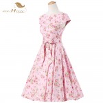 Womens Summer Elegant Belted 50s Vintage Dress Pin Up Retro Rockabilly Floral Print Cap Sleeve Pink Party Wiggle Swing Dress 257