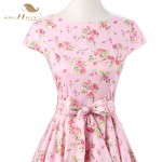 Womens Summer Elegant Belted 50s Vintage Dress Pin Up Retro Rockabilly Floral Print Cap Sleeve Pink Party Wiggle Swing Dress 257