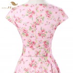 Womens Summer Elegant Belted 50s Vintage Dress Pin Up Retro Rockabilly Floral Print Cap Sleeve Pink Party Wiggle Swing Dress 257