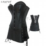 X 2016 Women Black/Red Faux Leather Dress Sexy Long Line Bustier Top Overbust with Mini 3-Piece S-2XL Hot Selling