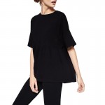 X621 women brief solid color pleated half sleeve casual t shirt ladies o neck t-shirts tee tops 