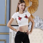 XINGUANGYA 2017 Summer Women Short Sleeve Flower Embroidery T-shirt Tops Sexy Slim Crop Top Tee Shirt Haut Femme White harajuku