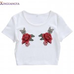 XINGUANGYA 2017 Summer Women Short Sleeve Flower Embroidery T-shirt Tops Sexy Slim Crop Top Tee Shirt Haut Femme White harajuku
