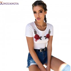 XINGUANGYA 2017 Summer Women Short Sleeve Flower Embroidery T-shirt Tops Sexy Slim Crop Top Tee Shirt Haut Femme White harajuku