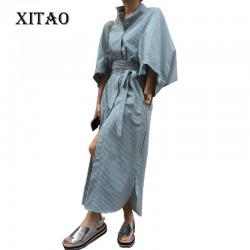 [XITAO] 2016 Korean autumn women loose striped shirt dress casual loose half sleeve stand collar ankle-length dress  HJF005