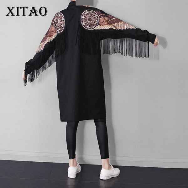 [XITAO] 2016 Women's knee length straight form O-neck pullovers full regular sleeve appliques wings with tassel dress LLB-150