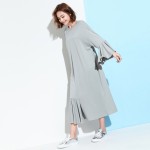 [XITAO] 2017 Europe fashion spring women irregular solid color loose full flare sleeve o-neck pullover knee length dress QW026