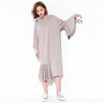 [XITAO] 2017 Europe fashion spring women irregular solid color loose full flare sleeve o-neck pullover knee length dress QW026