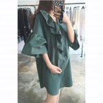 [XITAO] 2017 New arrival Korea fashion women solid color V-neck pullover butterfly sleeve loose above knee dress HJH105