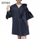 [XITAO] 2017 New arrival Korea fashion women solid color V-neck pullover butterfly sleeve loose above knee dress HJH105