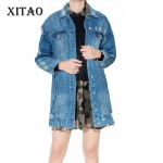 [XITAO] 2017 New spring original design women wash water blue color hole long sleeve turn down collar loose  jean jacket HW001