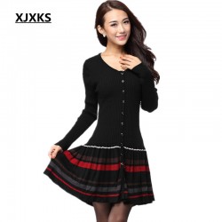 XJXKS New 2017 winter dress long-sleeve Plus size clothing one-piece dress Warm sheep wool knitted stripe pleated Casual dress