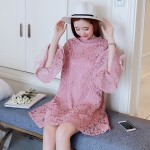 XXXL 4XL 5XL Plus Size Women Lace Dress 2017 Spring Summer Elegant Style Stand Collar Flare Sleeve Loose Casual Pink Dresses