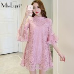 XXXL 4XL 5XL Plus Size Women Lace Dress 2017 Spring Summer Elegant Style Stand Collar Flare Sleeve Loose Casual Pink Dresses