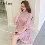 XXXL 4XL 5XL Plus Size Women Lace Dress 2017 Spring Summer Elegant Style Stand Collar Flare Sleeve Loose Casual Pink Dresses
