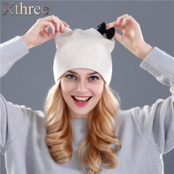 Xthree Rabbit fur wool knitted hat winter spring Skullies beanies hat for women girls kitty hat feminino