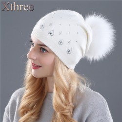 Xthree women's winter beanies hat for women Shining Rhinestone Rabbit fur wool knitted hat the female of the mink pom pom hats 