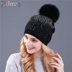Xthree women's winter hat Rabbit fur wool knitted hat the female of the mink pom pom Shining Rhinestone hats for women beanies  