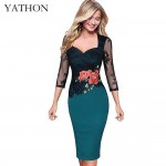 YATHON Plus size 5XL Embroidered Lace Bodycon Dresses For Women Floral Hollow Out Office Work Casual Party Pencil Dress Vestidos