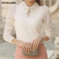 YEYELANA Women Lace Blouses 2018 Spring Summer New Elegant Femininas Long Sleeve chiffon Blouse Korean Style Women Shirt A001