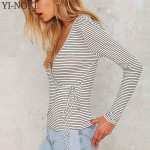 YI-NOKI Sexy V Neck T-shirt Women Stripe Long Sleeved T shirt Irregular Bandage Women Tops Casual Tee Shirt Femme Tshirt