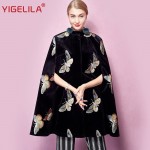 YIGELILA 9374 Latest Winter New Women Black Velvet Butterfly Embroidery Cloak Cape Coat Poncho