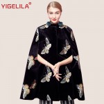 YIGELILA 9374 Latest Winter New Women Black Velvet Butterfly Embroidery Cloak Cape Coat Poncho