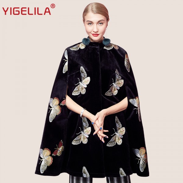 YIGELILA 9374 Latest Winter New Women Black Velvet Butterfly Embroidery Cloak Cape Coat Poncho