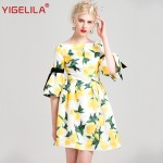 YIGELILA Brand 61727 Latest New Women Lemon Print O-neck Flare Sleeve Summer Casual Dress