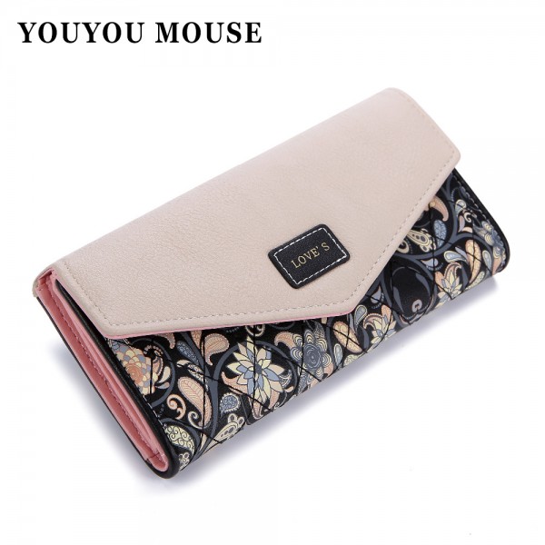 YOUYOU MOUSE Envelope Women Wallet Hit Color 3Fold Flowers Printing 5Colors PU Leather Wallet Long Ladies Clutch Coin Purse