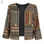 Yellow Slim Geometric Folk Tribal Striped Jacket Coat Outwear Open Front Three Quarter Sleeve Casual 2017 Women Autumn