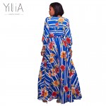 Yilia 2017 Long Dress Women Casual Summer Stripe Floral Print Deep V Neck Floor Length Puff Sleeve Sexy Maxi Beach Party Dresses