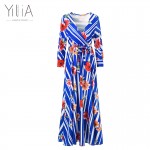 Yilia 2017 Long Dress Women Casual Summer Stripe Floral Print Deep V Neck Floor Length Puff Sleeve Sexy Maxi Beach Party Dresses