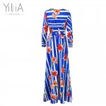 Yilia 2017 Long Dress Women Casual Summer Stripe Floral Print Deep V Neck Floor Length Puff Sleeve Sexy Maxi Beach Party Dresses