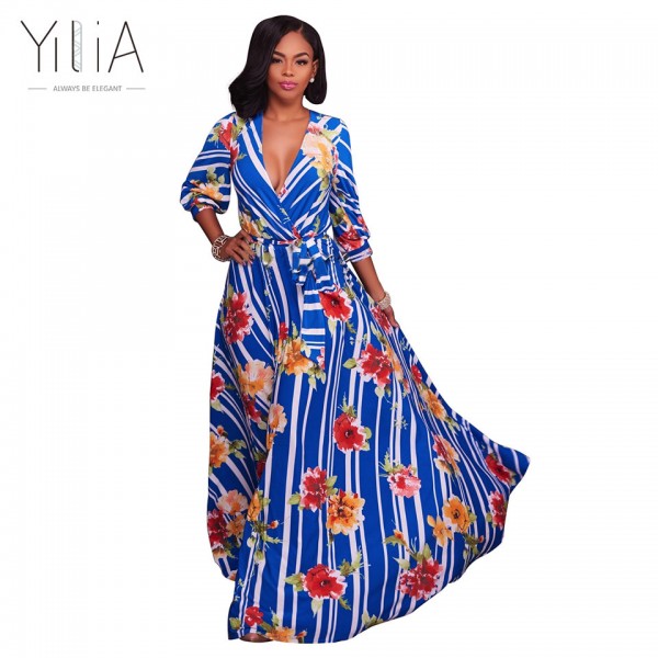 Yilia 2017 Long Dress Women Casual Summer Stripe Floral Print Deep V Neck Floor Length Puff Sleeve Sexy Maxi Beach Party Dresses