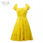 Yilia 2017 New La La Land Dress Mia Emma Stone Summer Yellow Floral Skater Dress Vestidos Plus Size Short Sleeves Floral Vintage