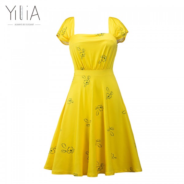 Yilia 2017 New La La Land Dress Mia Emma Stone Summer Yellow Floral Skater Dress Vestidos Plus Size Short Sleeves Floral Vintage