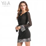 Yilia 2017 Women Autumn Summer Mini Dress Sexy Sequins Patchwork Black Chiffon Shift Seethrough Party Dresses Club Wear Vestidos