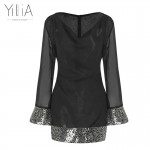 Yilia 2017 Women Autumn Summer Mini Dress Sexy Sequins Patchwork Black Chiffon Shift Seethrough Party Dresses Club Wear Vestidos
