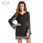 Yilia 2017 Women Autumn Summer Mini Dress Sexy Sequins Patchwork Black Chiffon Shift Seethrough Party Dresses Club Wear Vestidos