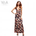 Yilia Brand Women Long Maxi Dress 2017 Summer Russian Style Floral Print Beach Dress Casual Sexy Elegant Vestido Deep V Backless