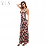 Yilia Brand Women Long Maxi Dress 2017 Summer Russian Style Floral Print Beach Dress Casual Sexy Elegant Vestido Deep V Backless