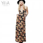 Yilia Brand Women Long Maxi Dress 2017 Summer Russian Style Floral Print Beach Dress Casual Sexy Elegant Vestido Deep V Backless