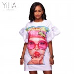 Yilia Plus Size Dress Summer Fashion Print Women Clothing Feminine Casual Mesh Loose Short Flare Sleeves Bodycon Party Vestidos