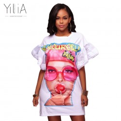 Yilia Plus Size Dress Summer Fashion Print Women Clothing Feminine Casual Mesh Loose Short Flare Sleeves Bodycon Party Vestidos