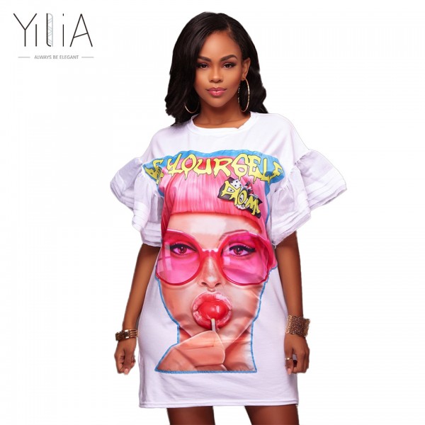 Yilia Plus Size Dress Summer Fashion Print Women Clothing Feminine Casual Mesh Loose Short Flare Sleeves Bodycon Party Vestidos