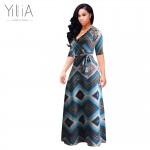 Yilia Sexy Autumn Women Dress Long Sleeve Deep V Neck Patchwork Large Size 5XL Floor Length Elegant Wait Belt Dresses Vestidos