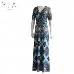 Yilia Sexy Autumn Women Dress Long Sleeve Deep V Neck Patchwork Large Size 5XL Floor Length Elegant Wait Belt Dresses Vestidos