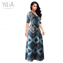 Yilia Sexy Autumn Women Dress Long Sleeve Deep V Neck Patchwork Large Size 5XL Floor Length Elegant Wait Belt Dresses Vestidos