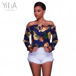 Yilia Sexy Pineapple Print Blouse Shirt Women Off Shoulder Elegant Hollow Out Blouse Summer Top Female Blouse Long Sleeve Blusas